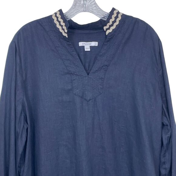 CHICO'S Rick Rack Trim Blouse Top Size 3 Size 16 Linen V-Neck Long Sleeve Navy - Picture 13 of 15